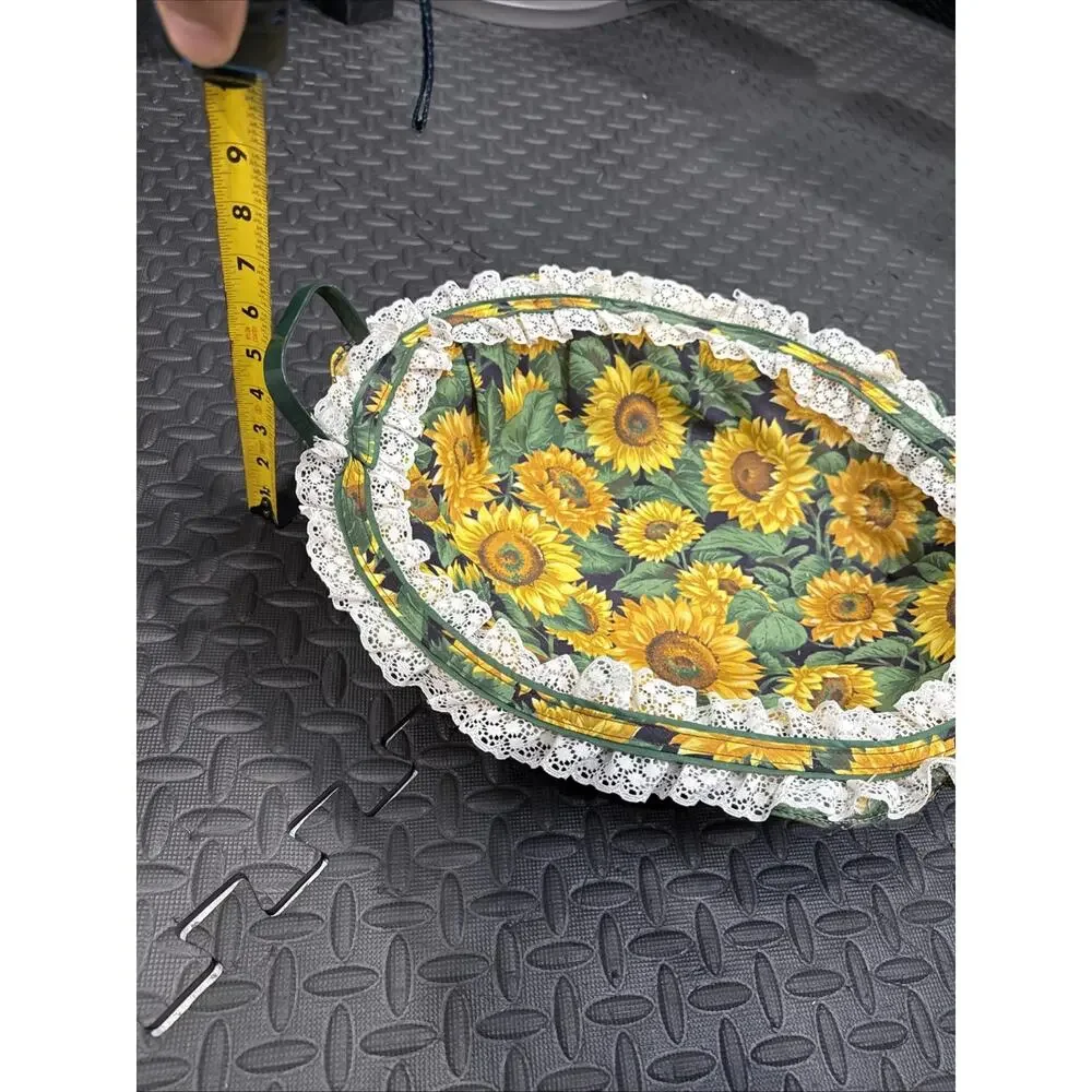 Vintage Fabric Lined Oval Tray With Sunflower Print & Lace Trim NEW *